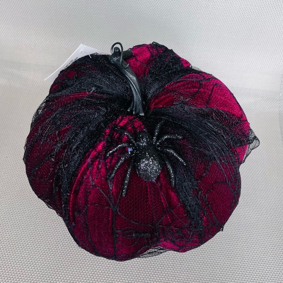 NWT Dark Red Velvet Spiderweb Lace Glitter Embellished Halloween Decor Pumpkin - Picture 6 of 15